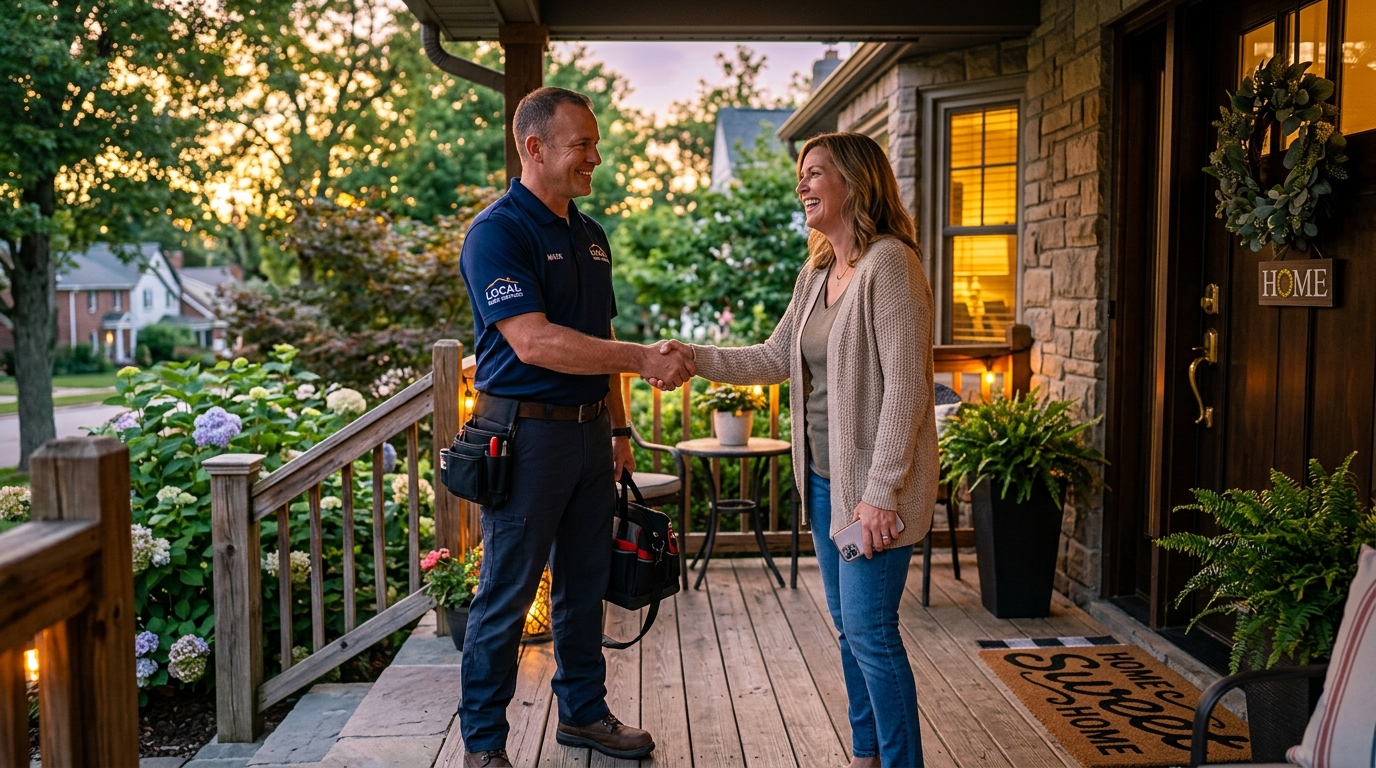 Homeowner and property manager shaking hands with a verified local contractor