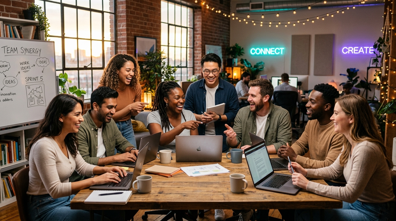 Passionate diverse team collaborating and smiling together