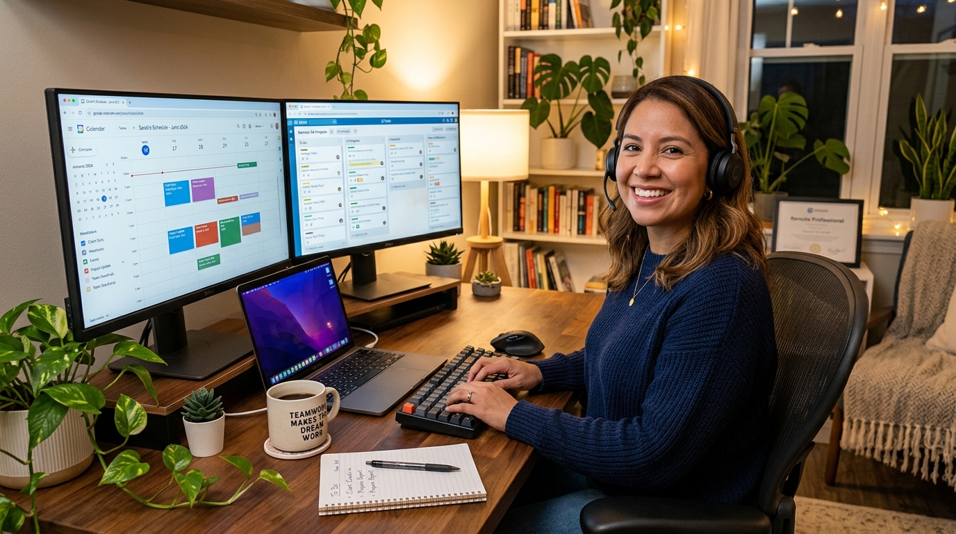 Professional virtual assistant at organized modern home workstation